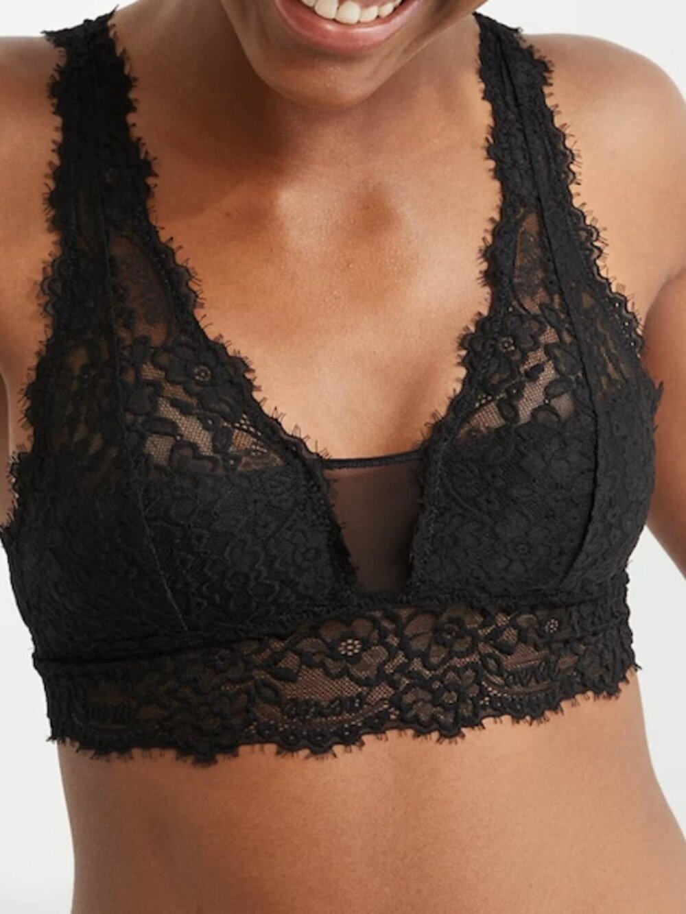 AERIE Eyelash Lace Padded Plunge Bralette - BLACK